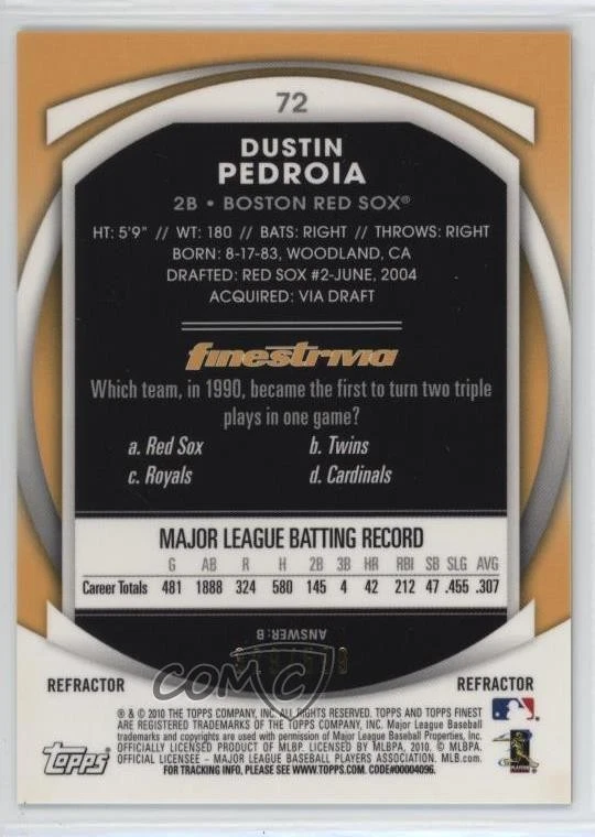2010 Topps Finest Refractor /599 Dustin Pedroia #72 - Image 2 of 2