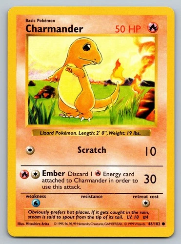 Charmander 46/102 Shadowless Base Set Pokémon Card 1999 WOTC LP Vintage TCG