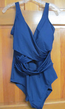Lands End Navy Blue Slender Wrap Modest One Piece Swimsuit Lycra Xtra Life Sz 16