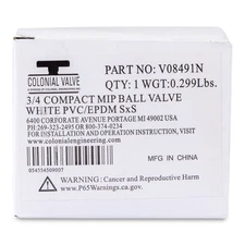3/4 PVC White Ball Valve Slip 491 Commercial Blue Handle Colonial Lasco