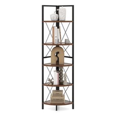 COSTWAY 5 tier Corner Bookshelf 160 CM Tall Corner Storage Shelves-Coffee