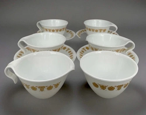 Vintage Corelle Set of Butterfly Gold Creamer & Sugar Bowl 4 Cups and Saucers EC