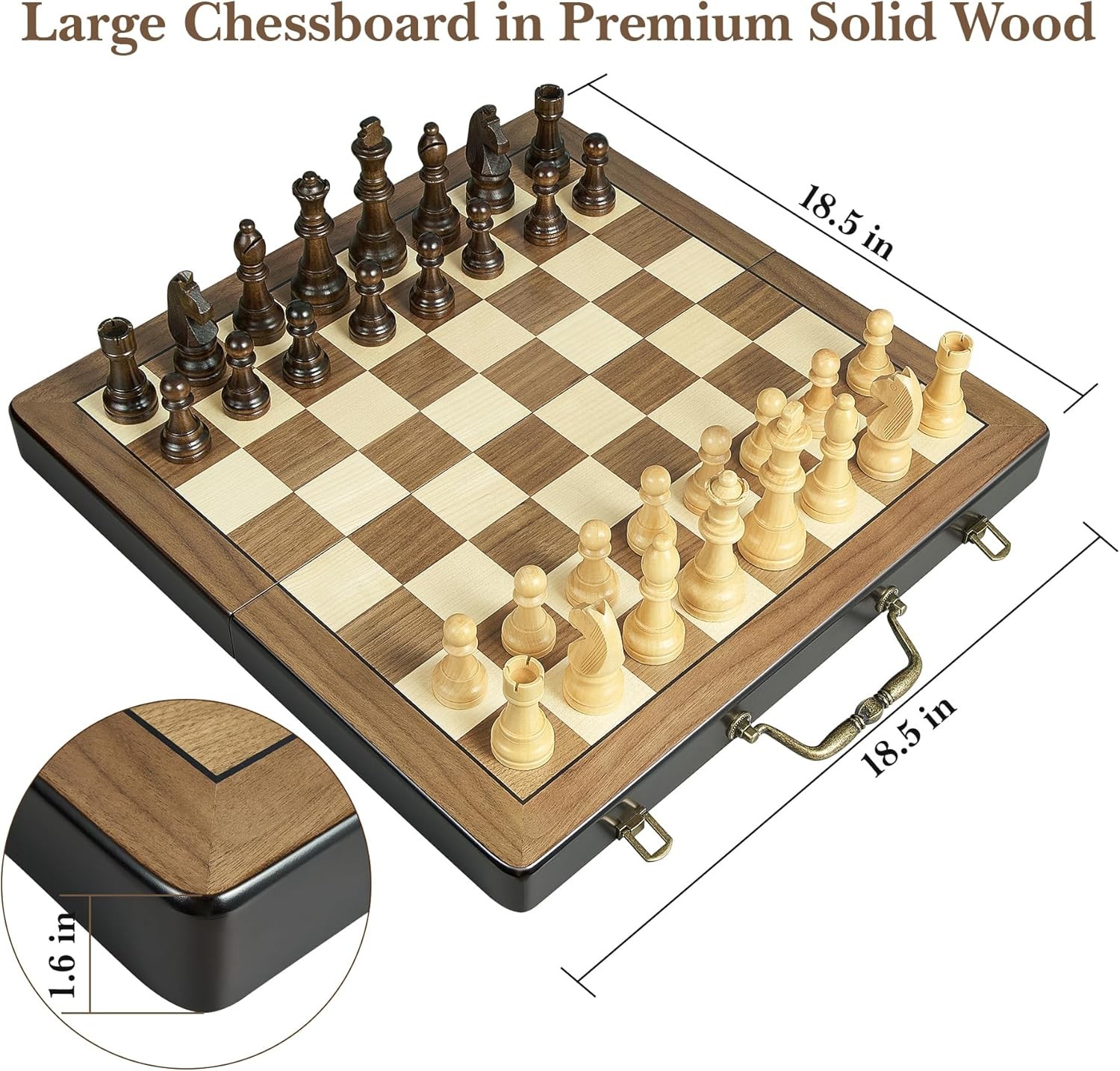 18.5in Folding Wooden Chess Set w/ Handle Large 4.5in King Extra Queens Storage