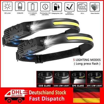 2 PCS Stirnlampe COB+LED Kopflampe USB Wiederaufladbar Bewegungssensor  5-Modi