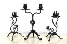 3 Old French Wrought Iron Candlesticks Blacksmith Made Small Art Nouveau Period