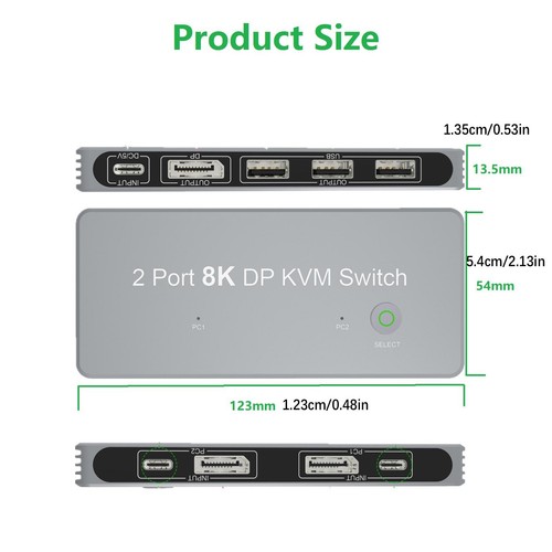 2x1 2 DP Input 1 DP Output Display 8K 30Hz 4K 144Hz KVM Switch Share 1 Monitor A - Afbeelding 8 van 8