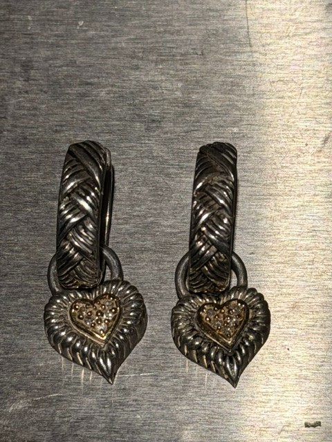 DESIGNER Andrea Candela CJI Diamond Sterling & 14K Cable Heart Earrings Pr