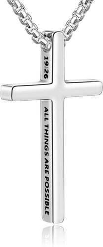 Cross Necklace for Men, Inspirational Bible Verse Cross Chain for Men, Stainless