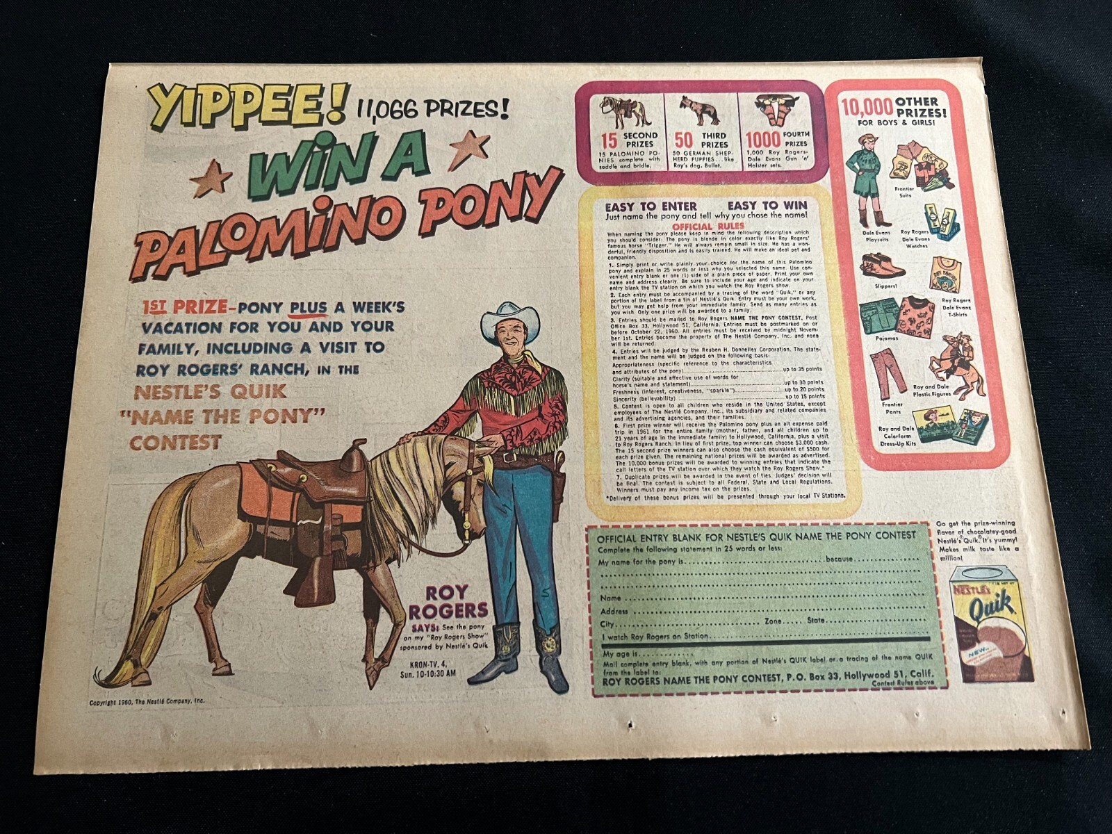 #20 NESTLE'S QUIK Sunday Comics Section Ad ROY ROGERS WIN A PALOMINO PONY 1960