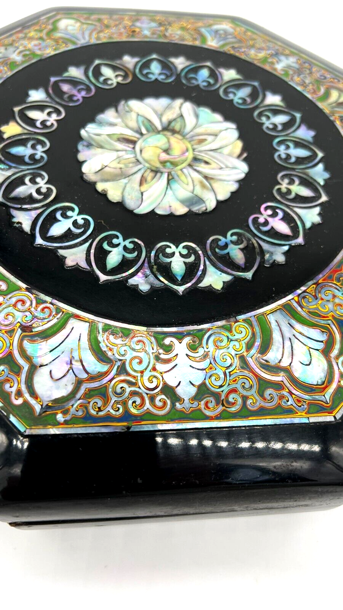 Vintage Korean Black Lacquer Octagon Mother of Pearl Inlay Vintage Korean Black Lacquer Octagon Mother of Pearl Inlay