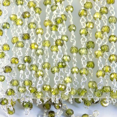 Peridot zircon Rondelle Beaded Rosary Chain Silver Plated Wire 3 mm 3 Feet
