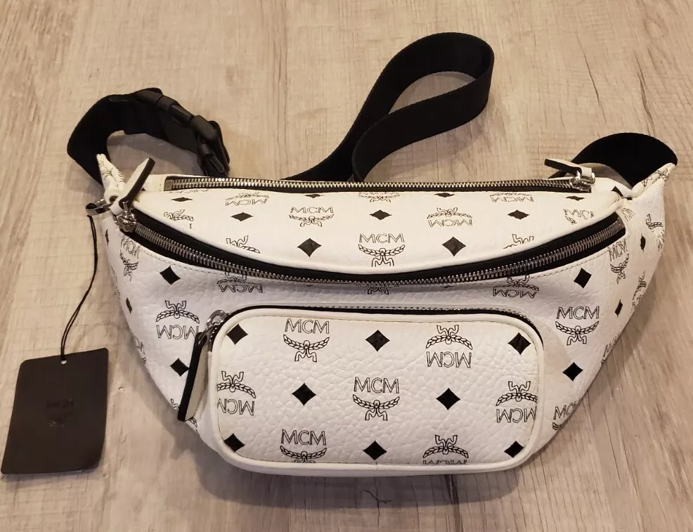 MCM Unisex White Leather Belt Bag, Size Medium