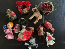 Vintage LOT 10 Christmas Ornaments Country Wood + Handcrafted in Gift Box