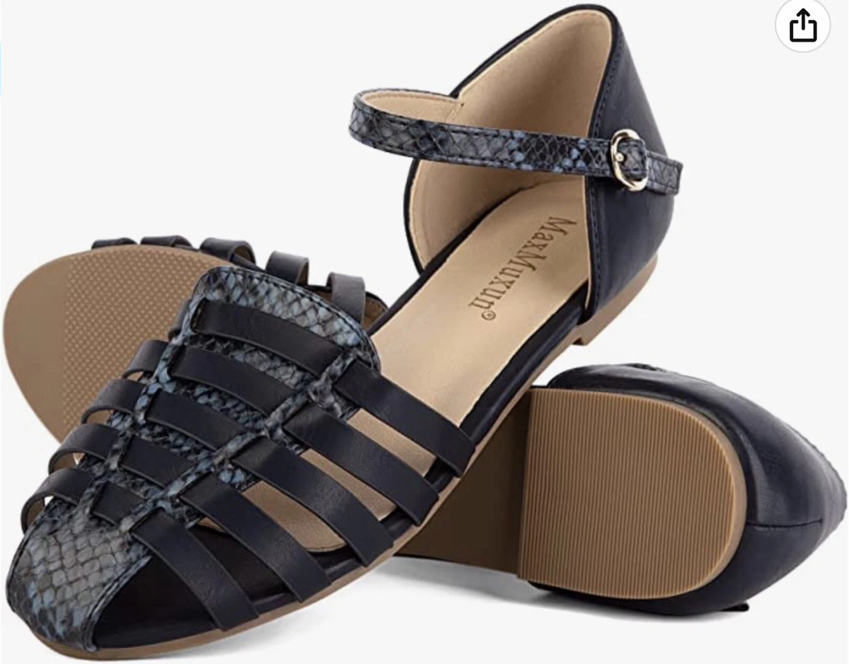MAX MUXUN Ladies flat navy blue ankle strap sandals UK SIZE 8.5 eBay