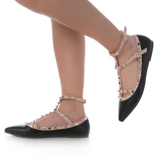 scarpe donna ballerine punta doppio cinturino caviglia borchie pietre dure  1754 | eBay