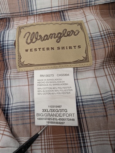 Wrangler Western Shirt Men's Big 3XL Brown White Plaid Pearl Snaps Cowboy Rodeo - Picture 7 of 8