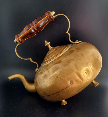 Antique Brass Tea Kettle Marked JCB Hammered Patina Hand Made Amber Glass Handle - Picture 7 of 12
