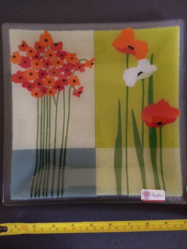 Peggy Karr Glass Plate Square With Orange And Red Flowers - Picture 5 of 7