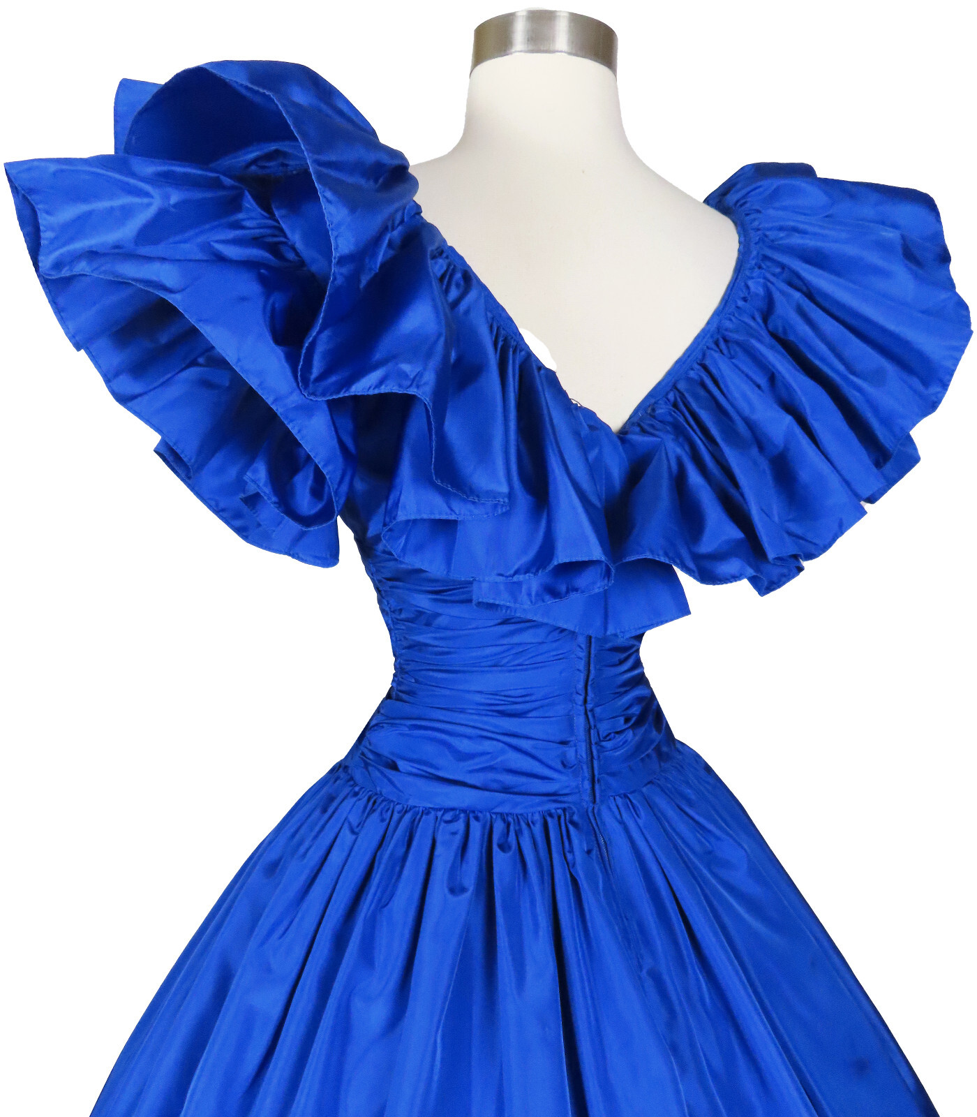 Vintage 80s Prom Party Dress XS Blue Taffeta Ruff… - image 12