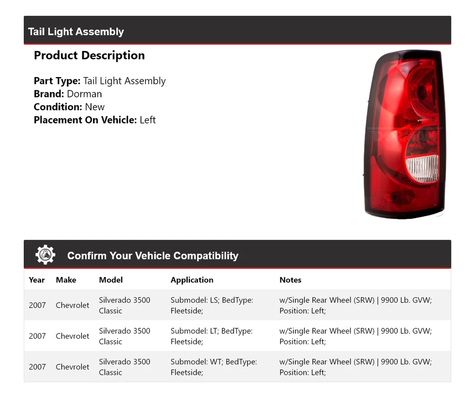 Para 2007 Chevrolet Silverado 3500 Classic Dorman conjunto de lanterna traseira esquerda - Imagem 2 de 4