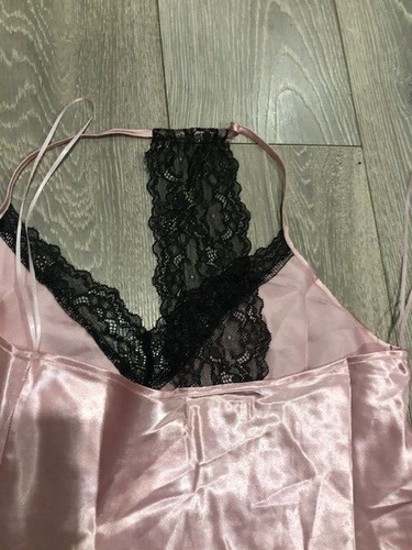 pink & black lace satin feel shiny nightie full slip chemise nightwear underwear - Picture 3 of 3