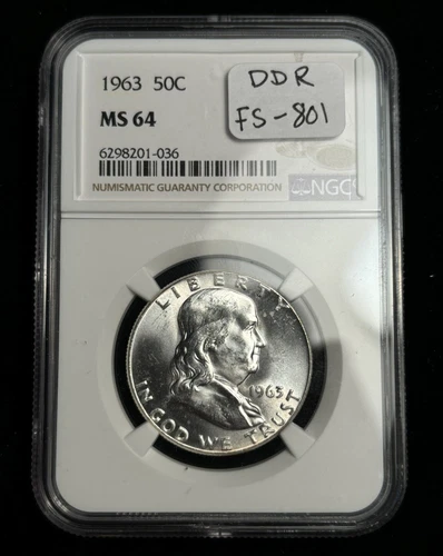 NGC MS64 1963 DDR FS-801 Franklin Half Dollar Doubled Die Reverse