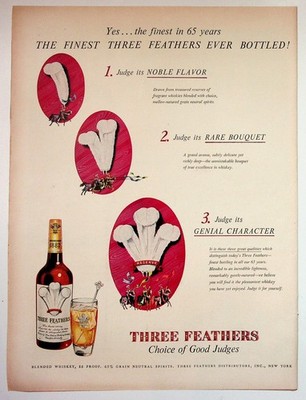 Vintage 1947 Three Feathers Blended Whiskey Magazine Print Ad Advertisement