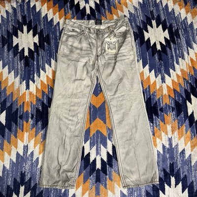 Hama Jeans Mens 38X34 Grunge Y2K Grey Dark Wash Baggy Denim Pants Embroidery New