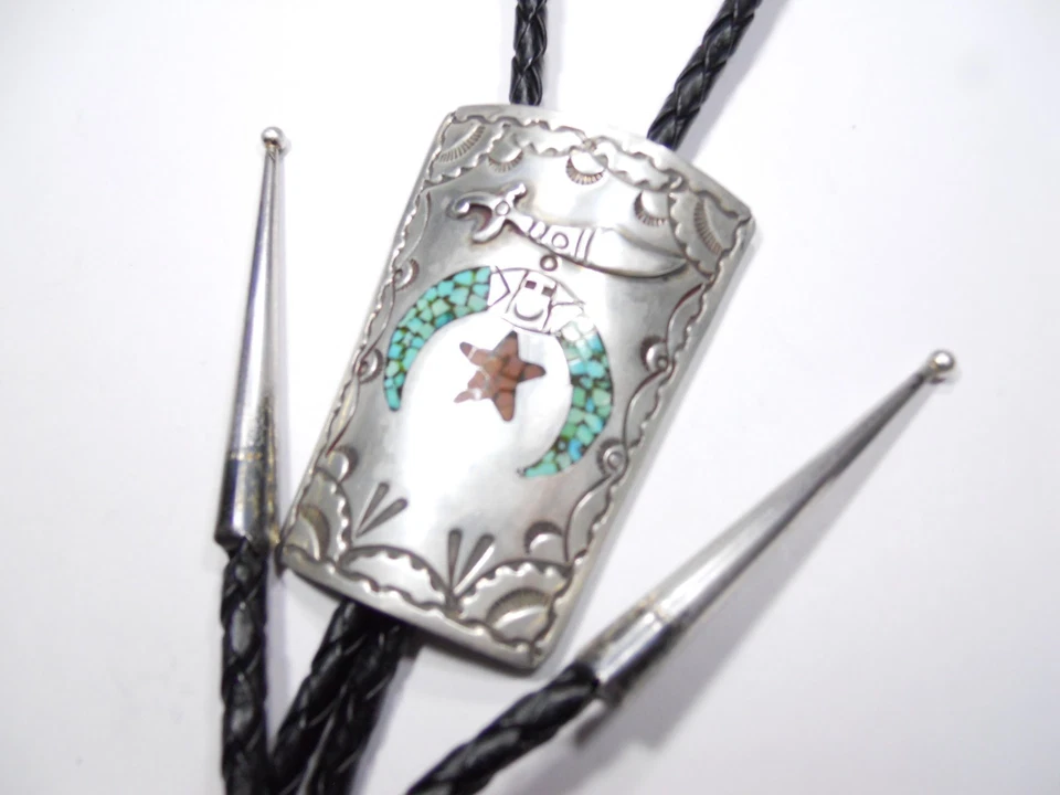 CORBATA BOLO TURQUESA INCRUSTACIÓN NAVAJO SHRINERS MASÓNICOS HECHA A MANO PLATA DE LEY 925. Foto 3 de 4