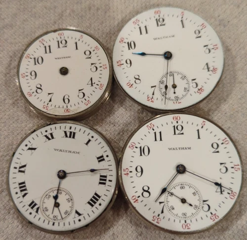 Lot of 4 Antique Waltham Pocket Watch Movements Model 1900 Ruby 1898, 1907, 1891