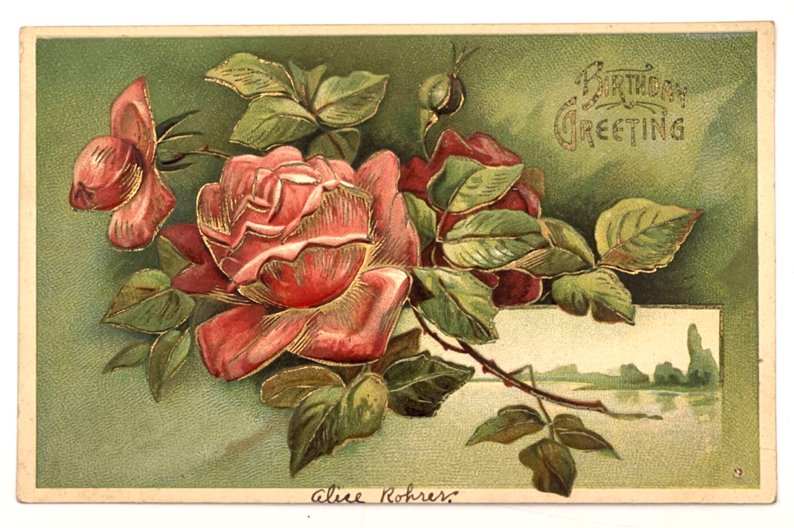 1907 Birthday Greeting Postcard Red Rose Embossed Landisville PA Cancel