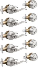 Keyed Alike Satin Nickel Wave-Style Entry Door Handle Deadbolt - 5 Piece Set