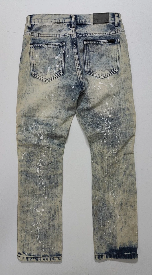 Pantalones de mezclilla ajustados pintados desgastados azules con tono naranja Akademiks para niño talla 12 Foto 2 de 4