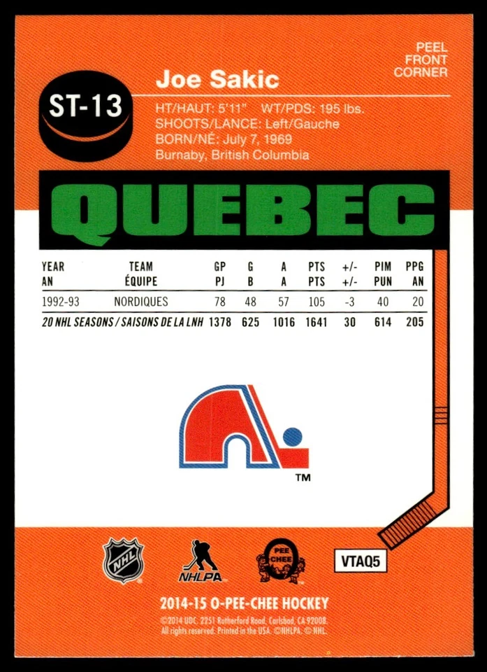 2014-15 O-Pee-Chee Stickers Joe Sakic Quebec Nordiques #ST-13 - Image 2 of 2