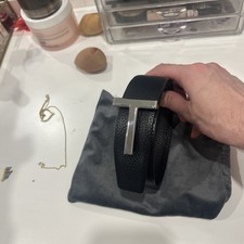 Tom Ford Men  s Belt Black Grained Leather Silver Buckle 110 Cm Lightly Used