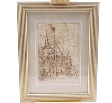 Kirche Architektur Federzeichnung Sepia alt monogrammiert AG o.ä. gerahmt