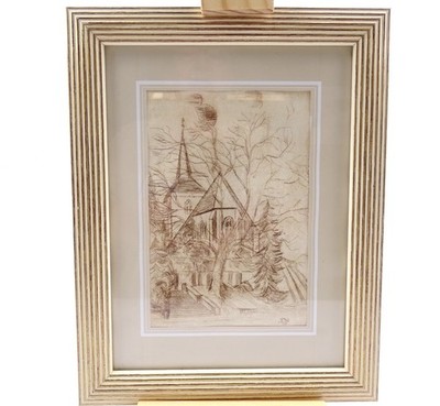 Kirche Architektur Federzeichnung Sepia alt monogrammiert AG o.ä. gerahmt