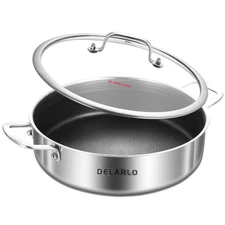Tri-Ply Stainless Steel 7QT Saute Pan 12 Inch Deep Frying Pan with lid Nonsti...