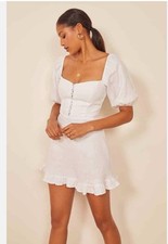 REFORMATION MINI DRESS SOLID WHITE PUFF SLEEVE LINEN WOMENS SIZE 0