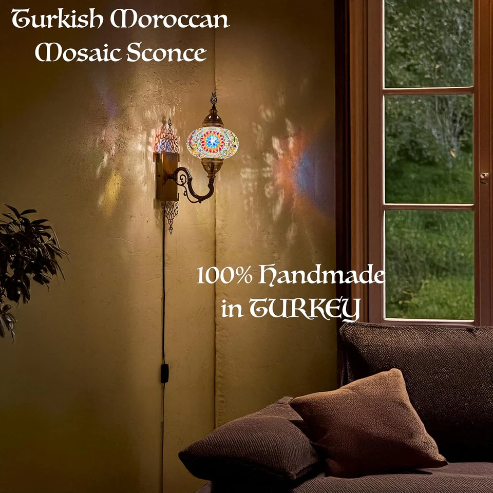 Aplique de pared enchufable de mosaico turco marroquí, vidrio estilo Tiffany hecho a mano G Foto 3 de 4