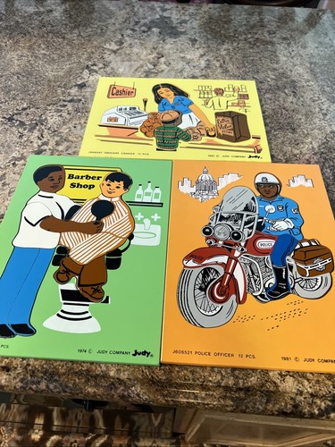 1974/81 Judy / Instruct Vintage Wood Puzzles Barber/ Police/Cashier 80’s 12 X 9