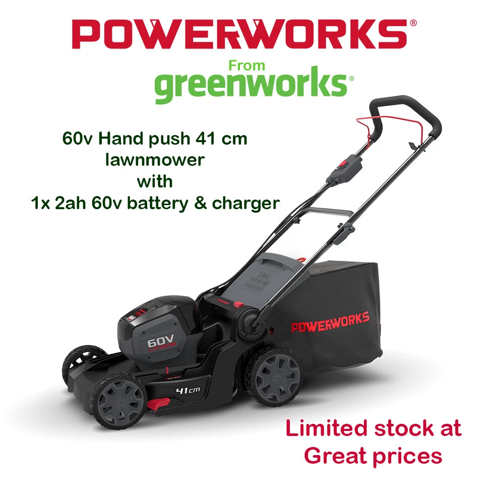 Powerworks 60v 41cm Push Lawn Mower with 2ah Battery charger