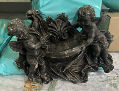 Vintage Chalkware Cherub Water Font Wall Hanging Distressed Plaster