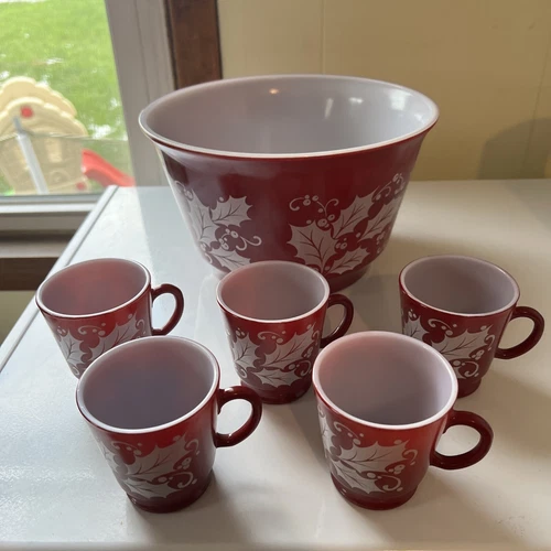 Vintage Hazel Atlas Christmas Burgundy Holly Egg Nog Glass Punch Bowl Set 1950s