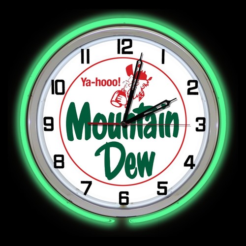 15" Mountain Dew Ya-hooo! Green Double Neon Clock Kitchen Decor