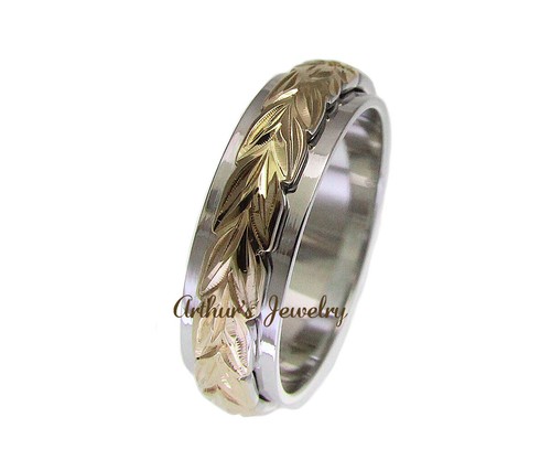 SILVER 925 HAWAIIAN MAILE LEAF 4MM/6MM DOUBLE BAND RING YELLOW GOLD PLATED 2TONE - 第 1/4 張圖片