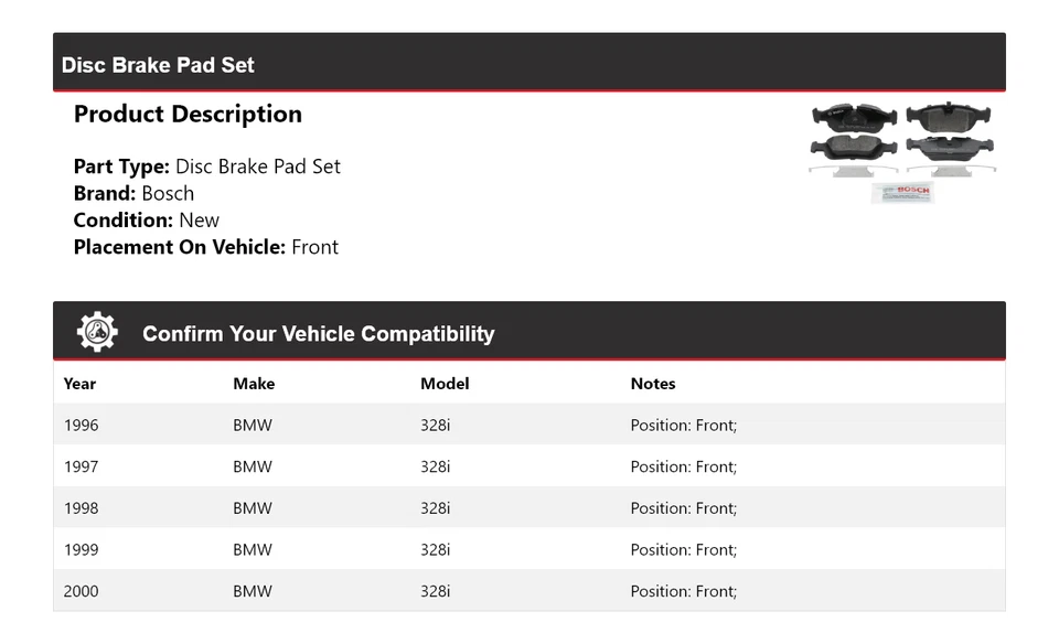 Pastillas de freno delanteras semimetálicas QuietCast 1997 1998 para BMW 328i Bosch 1996-2000 Foto 2 de 4
