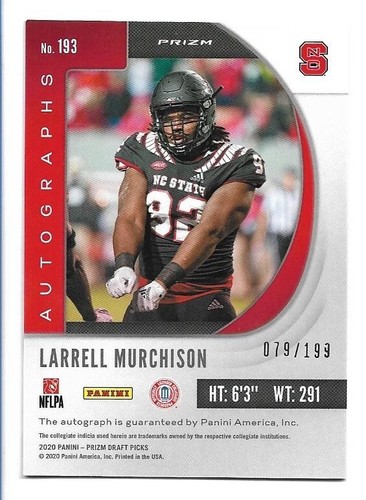 Larrell Murchison 2020 Panini Prizm selecciones de draft verde y púrpura automático RC #193/199 - Imagen 2 de 2