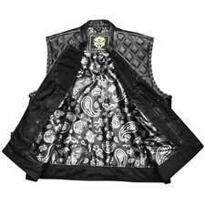 Men's Black Leather Vest Diamond Motorbike Motorcycle Concealed Waistcoat White