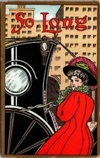 Vintage Artist Postcard So Long Lady Red Coat Looks Back Gets In Hansom Cab